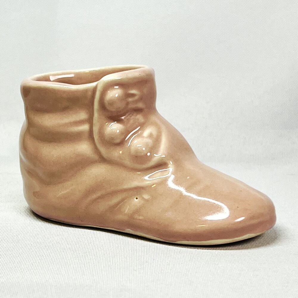 Morton Vintage Art Pottery Pink Baby Shoe Planter Ceramic 3 Button Bootie Vase
